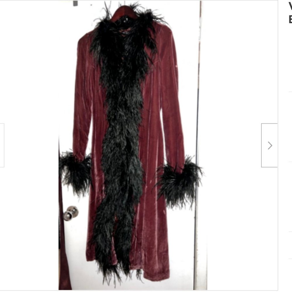 RARE Vintage Betsey Johnson Velvet Duster Coat w/Feathers Boa Small Fits 4 & 6
